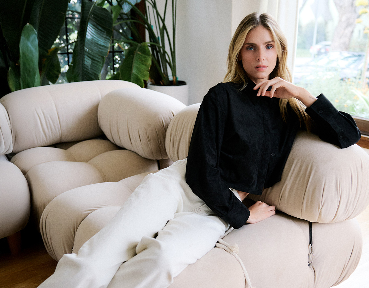 Model in High Rise Dart Detail Wide Leg Jeans and Long Sleeves Knit top, linking to Flying Monkey fresh arrivals collection.